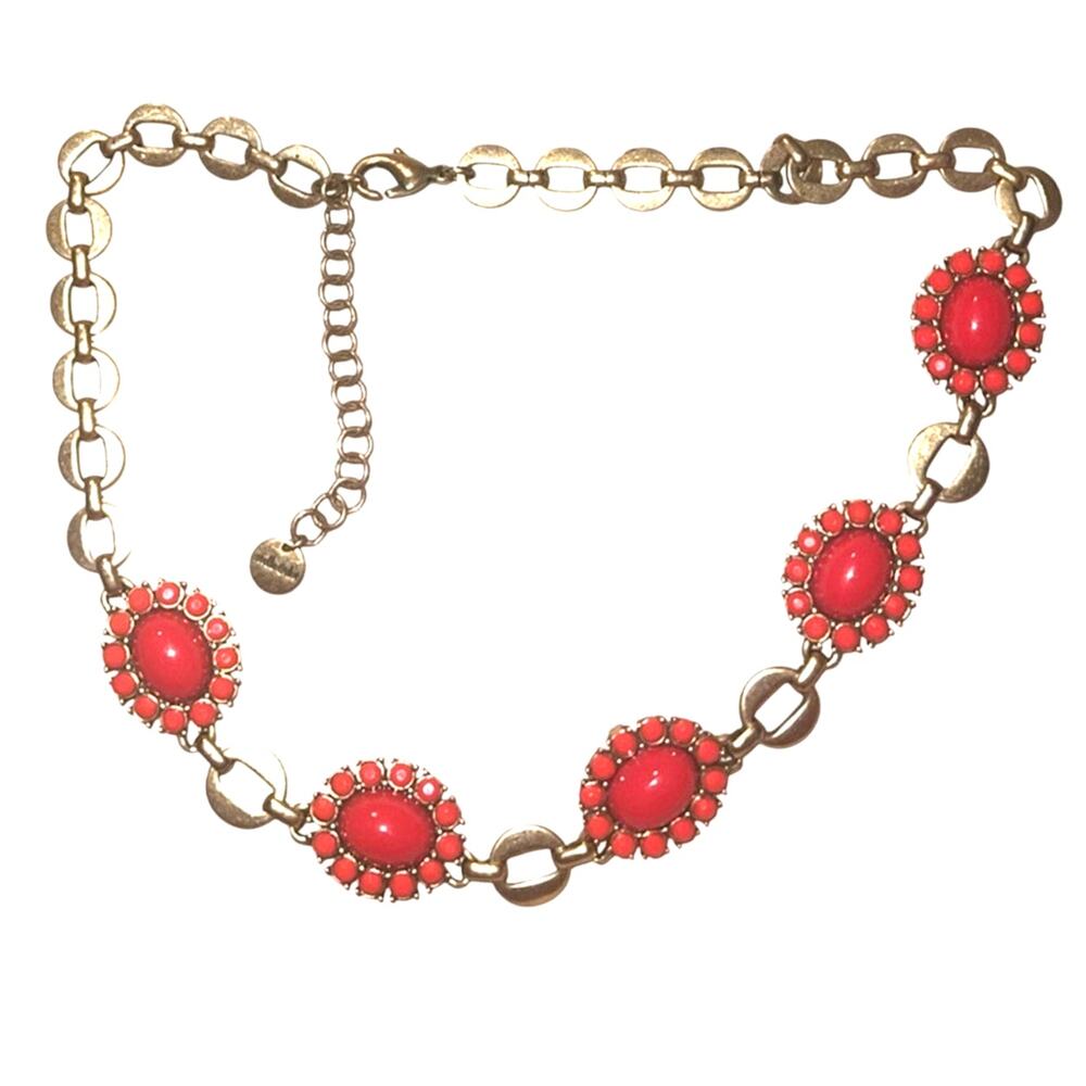 Vtg Stella & Dot Coral Orange Statement Necklace w/ Cabochon Stones Goldtone